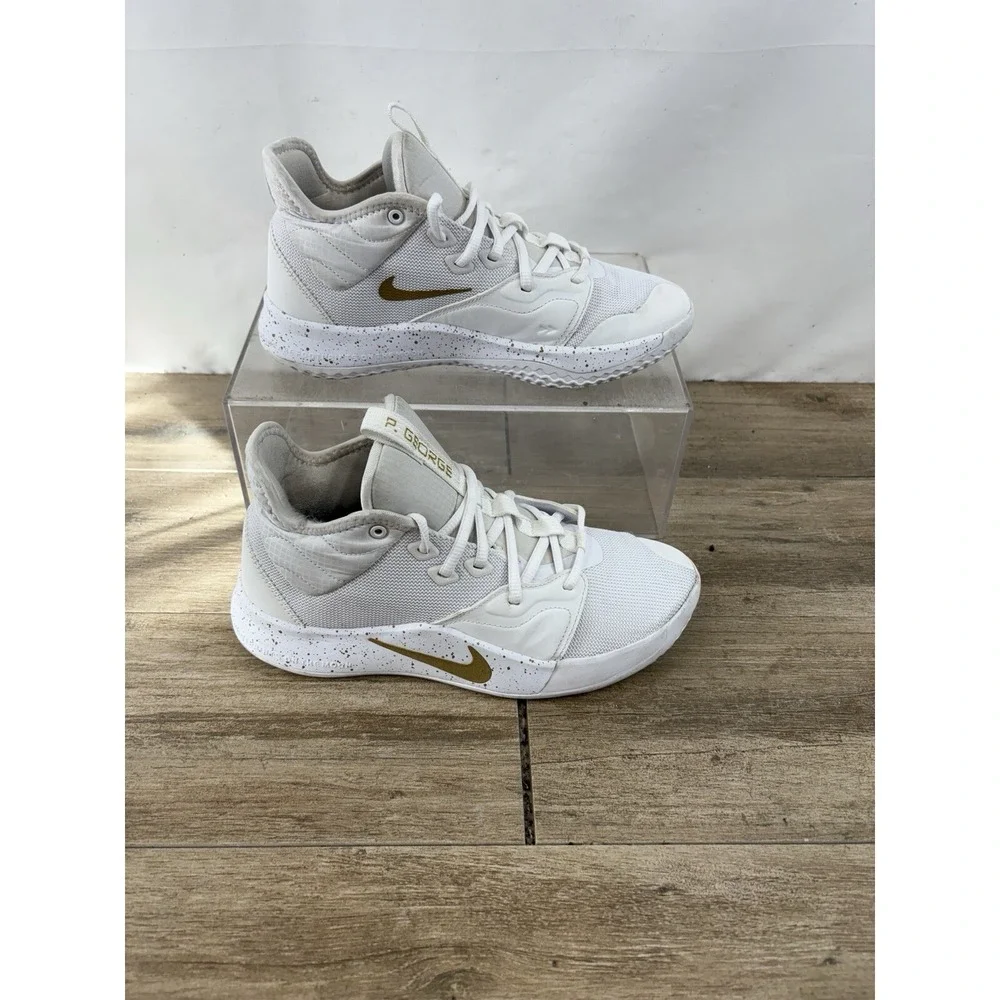 Nike PG 3 White Metallic Gold Speckled Basketball Shoes AV7928-991 Kids Size 7Y‎